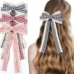 Plaid Lace Bowknot Hair Clip For Women Sweet Gingham Ribbon Long Tassel Duckbill Clip French Vintage Aesthetic Hair Accessories