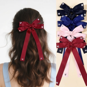 Barrette à Cheveux Nœud Doux Style Coréen Avec Strass en Cœur Ruban Longue Serre-tête Pince Bec de Canard Pour Femmes Accessoires Cheveux