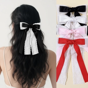 Elegant double-layered lace ribbon bow hair clip with long streamers in multiple colors