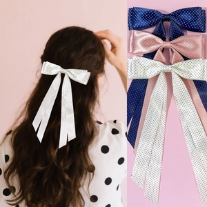 Fermaglio per Capelli con Fiocco a Pois Stile Francese Nastro Lungo Raso Fettuccia Fatto a Mano Elegante Accessori per Capelli Donna