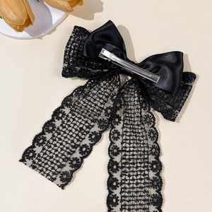 Elegant black lace bow hair clip with satin ribbons and metal duckbill clip for women