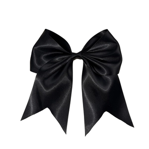 Large black satin bow hair clip with elegant long ribbons for women, high-gloss silk finish