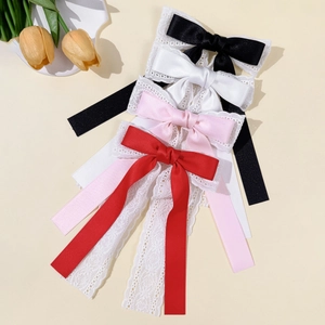 Handmade Double Layered Lace Ribbon Bow Hair Clip Long Streamer Duckbill Clip Sweet Vintage Hair Accessory For Women
