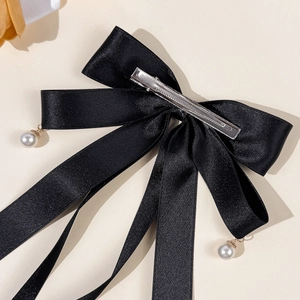Elegant black satin ribbon hair clip with pearl pendants and silver metal alligator grip