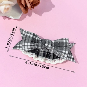 Vintage black and white plaid bow hair clip with lace trim for women, 12cm length
