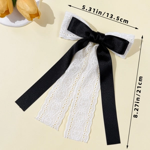 Detailed view showing dimensions of lace and satin double-layered bow hair clip