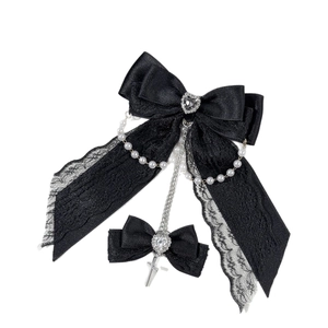 Gothic black lace bow hair clips with heart rhinestones and pearl chain accessories