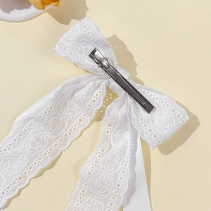 White lace double-layer bow hair clip with ribbons and silver metal alligator clip