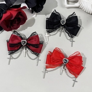 Gothik Lolita Schleife Haarspange Mit Spitze Metallkette Kreuz Anhänger Herz Strass Dunkel Süß Cool Stil Haarschmuck