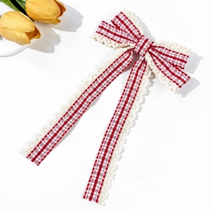 Plaid lace bow hair clip with red and white patterns and elegant long ribbons