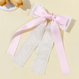 Pink ribbon and white lace double-layer bow hair clip with elegant long streamers