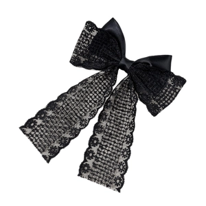 French vintage black lace bow hair clip with elegant long ribbons for women