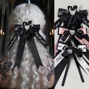 Gothic Lolita Ribbon Bow Hair Clip For Women Dark Style Heart Rhinestone Cross Pendant Printed Webbing Headwear Accessory