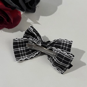Plaid ribbon bow hair clip with white lace trim and metal duckbill clip for women