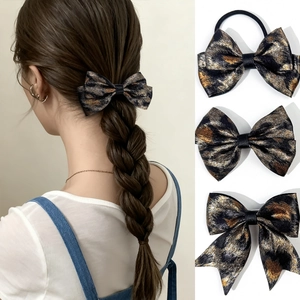 Retro Leopard Print Bow Hair Clips Handmade Metallic Fabric Ribbon Hair Ties Elegant Vintage Hair Accessories For Women