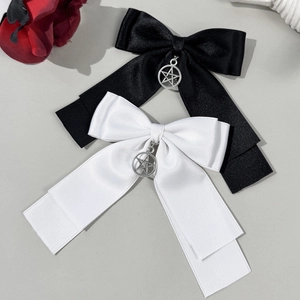 Gothic Satin Bow Hair Clip With Silver Metal Pentagram Pendant Hip Hop Dark Style Hair Accessories For Women Cool Ribbon Barrette