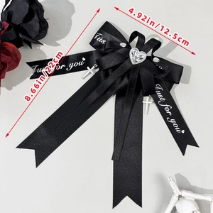 Gothic black ribbon bow with silver heart crystal and metal crosses in 22cm x 12.5cm size