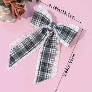 Barrette à cheveux vintage avec nœud à carreaux, dentelle et dimensions détaillées