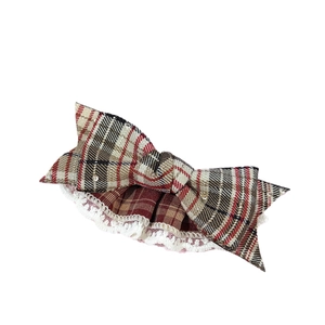 British style plaid bow hair clip with white lace trim and sparkling rhinestones