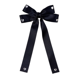 Barrette à cheveux élégante en satin noir avec nœud et strass en forme de cœur