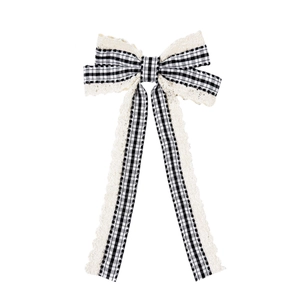 French vintage gingham lace bow hair clip with long ribbons for women and girls