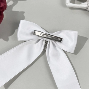 White satin ribbon bow hair clip with silver metal duckbill clip for women's hair