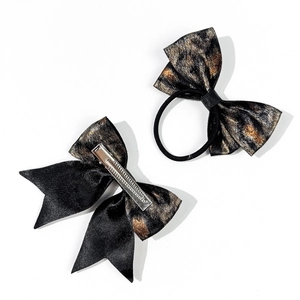 Vintage leopard print bow hair clip and elastic scrunchie set with metallic gold texture
