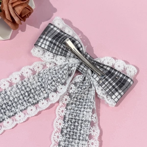 Barrette à cheveux vintage française avec nœud à carreaux et bordure en dentelle