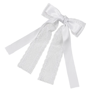 Elegant white lace and satin double-layered bow hair clip with long ribbon streamers