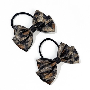 Vintage leopard print bow hair ties with metallic fabric and elastic band set of two