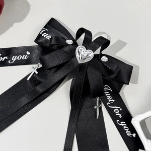 Black JK Lolita ribbon hair clip with heart buckle, silver crosses and gothic lettering
