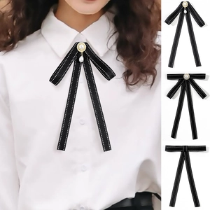 British Preppy Style Black Bow Tie Brooch Vintage Artificial Pearl Rhinestone Ribbon Bow Pin For Women Shirt Accessory
