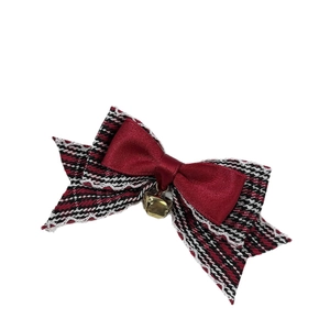 Plaid lace bow hair clip with red ribbon and golden bell for women autumn winter style