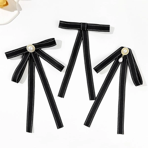 Elegant black bow tie brooch set with white stitching and pearls for women shirts
