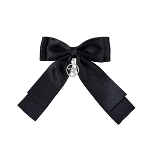 Gothic style black satin ribbon hair clip with a silver metallic pentagram star pendant