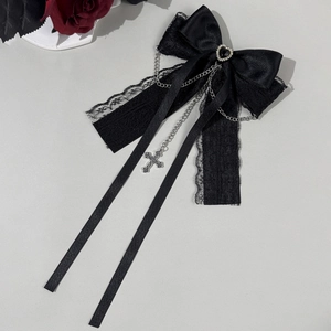 Pince à Cheveux Nœud en Dentelle Satin Gothique Avec Chaîne en Métal Pendentif Croix Style Lolita Dark Punk Alliage Strass