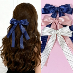 Korean Polka Dot Bowknot Hair Clip With Long Streamers Elegant Satin Ribbon Duckbill Clip French Vintage Hair Accessories For Women