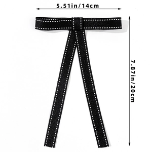 Detailed size specifications for the black bow tie with white contrast stitching details