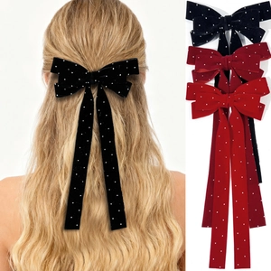 French velvet bow hair clip with rhinestones and long streamers in black and red colors