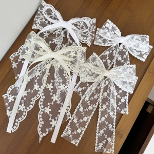 French Sweet Lace Floral Embroidery Bow Hair Clip With Long Ribbons Vintage Elegant White Beige Duckbill Clip For Women