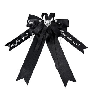 Gothic Lolita black ribbon bow hair clip with silver cross pendants and heart rhinestone