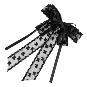 Elegant black lace bow hair clip with bear pattern and long ribbons for women