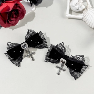 Barrettes Cheveux Nœud en Velours et Dentelle Gothique pour Femmes Pendentif Croix Argentée et Strass Cœur