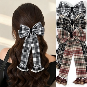 Vintage Plaid Bow Hair Clip With Lace Trim Sequins Long Streamers Preppy Style Duckbill Clip For Women Hair Accessories