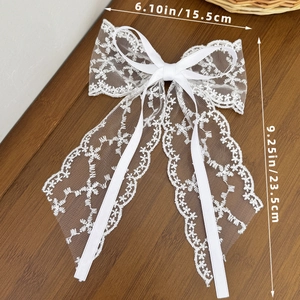 White lace bow hair clip with floral embroidery showing 15.5cm width and 23.5cm length