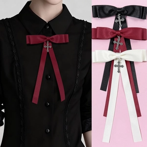 Preppy Style Bowknot Brooch With Cross Pendant Ribbon Bow Tie For Women Gothic JK Uniform Clothing Accessories Brooch Pin