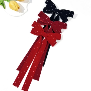 Three-piece velvet bow hair clips with rhinestones and long streamers in black and red