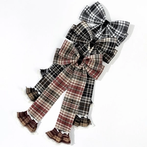 British style plaid bow hair clips with white lace trim in three elegant classic colors