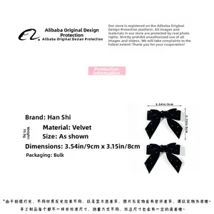Detailed view of black velvet bow hair clips with rhinestones and 9x8cm size specs