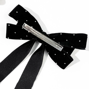 French velvet bow hair clip with silver rhinestones and a metal alligator clip base
